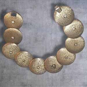Vintage Brushed Gold Tone Disc Link Bracelet Tiny Rhinestones Textured 7.5"